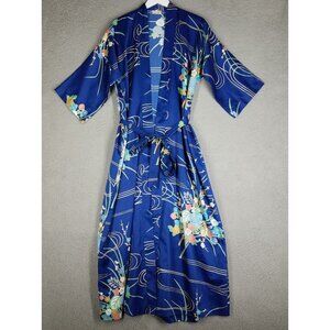 Vintage Japanese Kimono Robe Womens Large Satin Floral Garden Made In Japan Blue